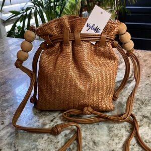 Vylette Drawstring Wood Bead Accent Crossbody Brown